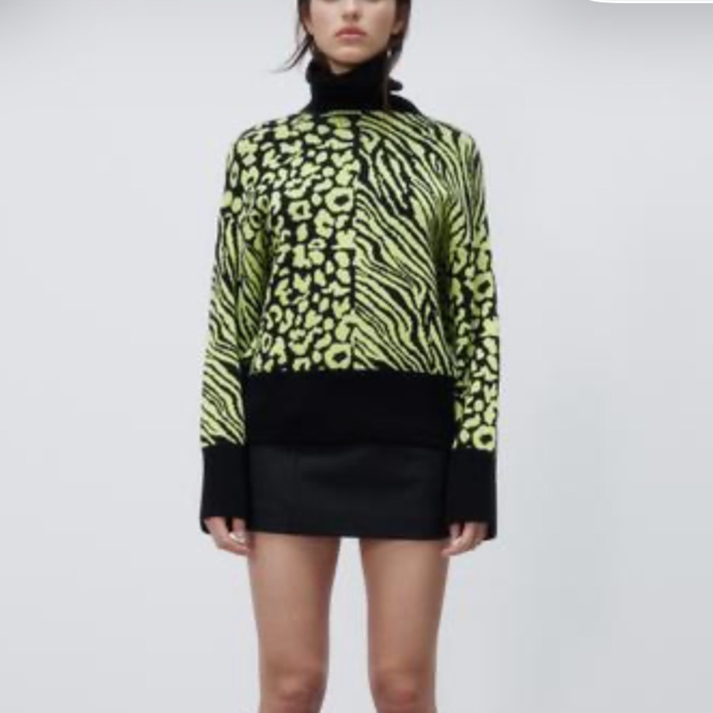 Zara Neon Yellow and Black Animal Print Turtleneck Sweater